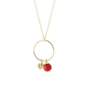 Zlatý náhrdelník s korálem a lístečkem na kruhu KLENOTA