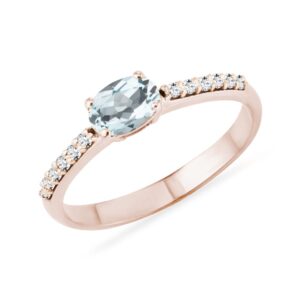 Prsten z růžového zlata s akvamarínem a diamanty