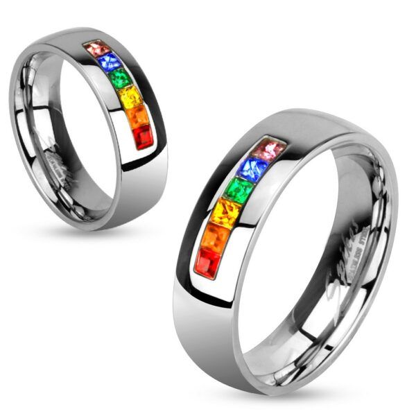 Ocelový prsten s různobarevnými zirkony - Velikost: 55