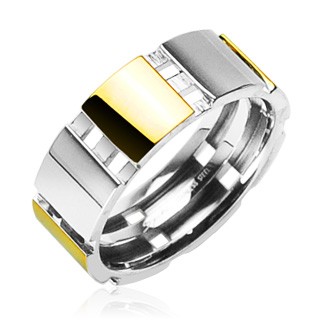 Ocelový prsten se zlatými částmi - Velikost: 70