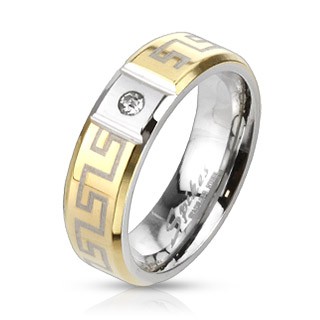 Ocelový prsten s řeckým vzorem - se zirkonem - Velikost: 49