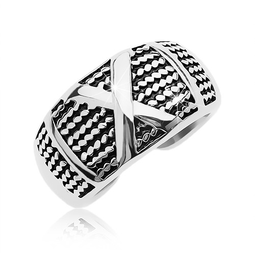 Patinovaný ocelový prsten se vzorem tenkých řetízků a s velkým X - Velikost: 64