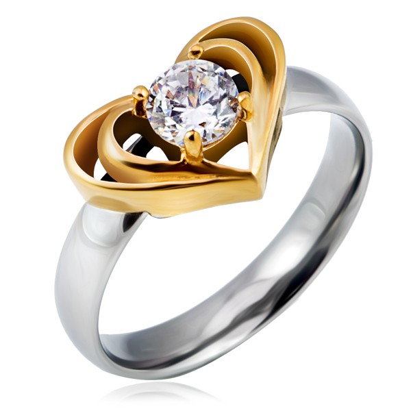 Stříbrný ocelový prsten se zlatým dvojitým srdcem