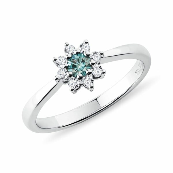 Prsten kytička z bílého zlata s modrým diamantem