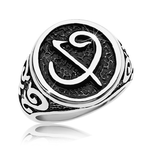 Prsten z chirurgické oceli - černá pečeť se symbolem