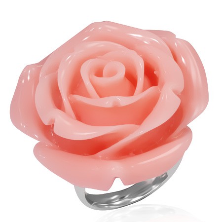 Prsten z oceli - růžový rozkvetlý květ z pryskyřice - Velikost: 52