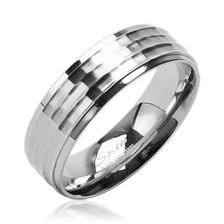 Snubní prsten z chirurgické oceli s matným středovým pruhem a lesklým okrajem - Velikost: 70