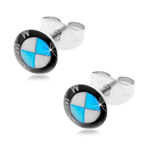 Kruhové ocelové náušnice - černo-bílo-modré logo automobilky