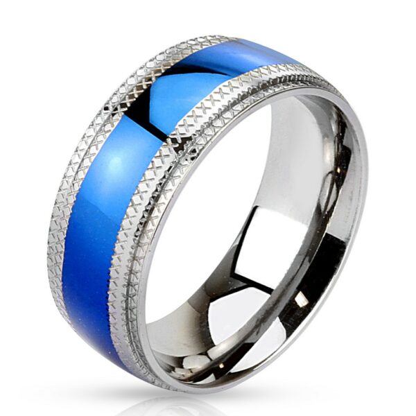 Ocelový prsten - modrý pruh uprostřed