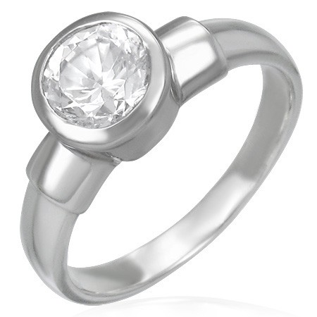 Ocelový snubní prsten s velikým zirkonovým očkem v kovové objímce - Velikost: 50