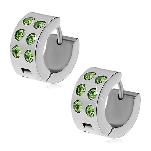Ocelové náušnice stříbrné barvy - kroužky se zelenými zirkony