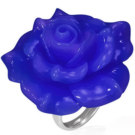Lesklý ocelový prsten - modrá růže z pryskyřice - Velikost: 59