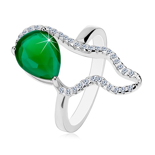Stříbrný 925 prsten - velká zelená slza ze zirkonu