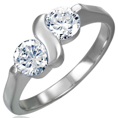 Zásnubní prsten z chirurgické oceli s dvojitým zirkonem s esíčkem - Velikost: 58