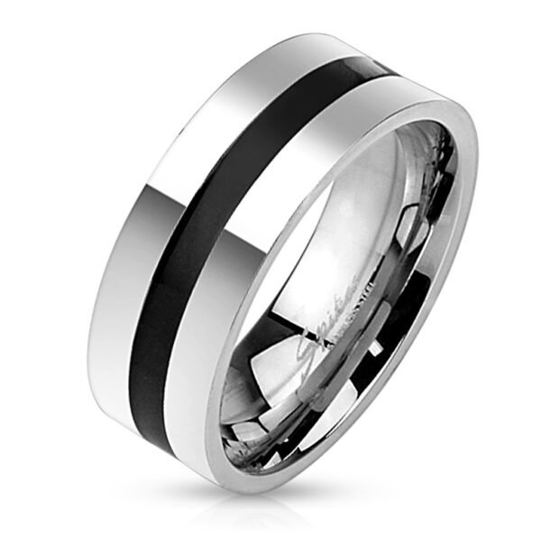 Prsten z oceli ve stříbrné barvě - proužek s černou glazurou