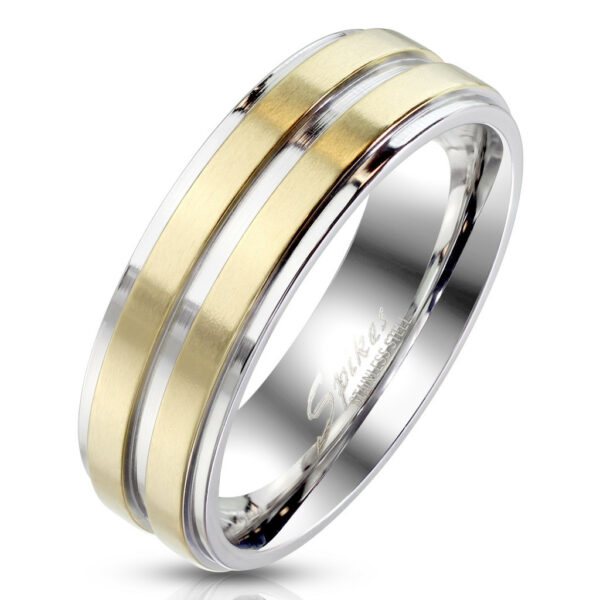 Ocelový prsten stříbrné barvy - ozdobený dvěma proužky ve zlatém provedení