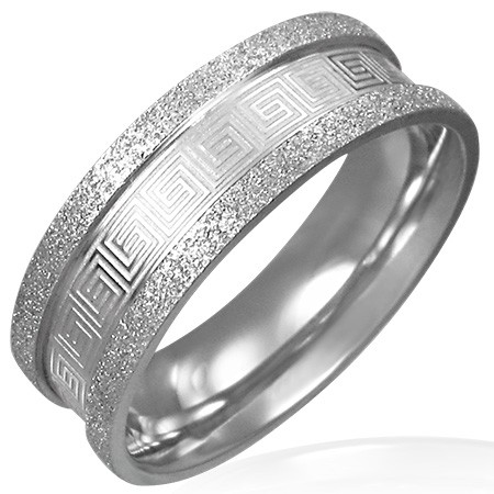 Pískovaný ocelový prsten - řecký klíč - Velikost: 67