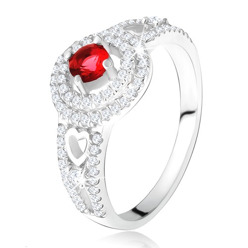 Prsten - červený kamínek s dvojitým zirkonovým lemem