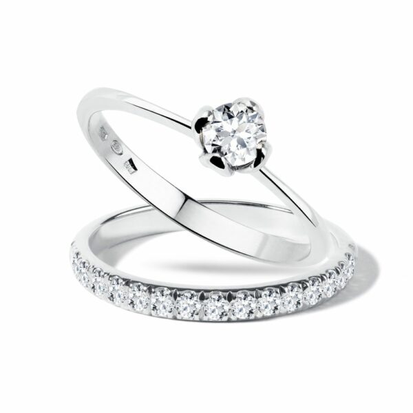Snubní a zásnubní prsten s diamanty v bílém zlatě