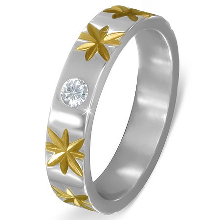 Stříbrný ocelový prsten se zlatými hvězdami a čirým zirkonem - Velikost: 57