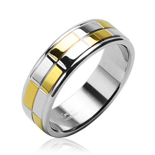 Ocelový snubní prsten se zlatými a stříbrnými lesklými obdélníky - Velikost: 51