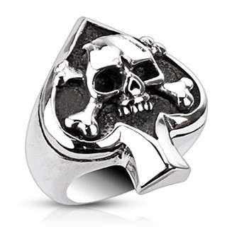 Prsten z oceli s karetním symbolem a lebkou - Velikost: 64