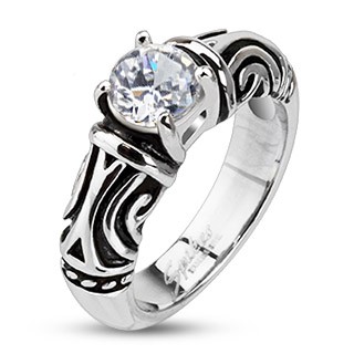 Ocelový dekorativní patinovaný prsten se zirkonem - Velikost: 48
