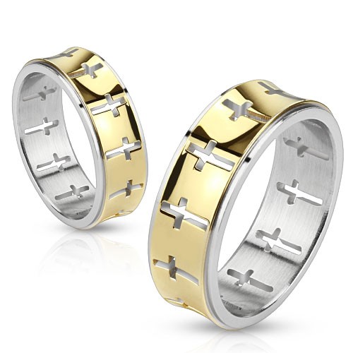 Ocelový prsten - zlatý pásek s vykrojenými kříži - Velikost: 51