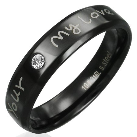 Prsten z oceli - černý s vyznáním lásky a čirým zirkonem - Velikost: 54
