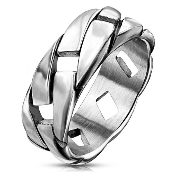 Patinovaný ocelový prstýnek stříbrné barvy - lesklý řetízkový vzor