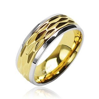 Prsten z chirurgické oceli - zlato-stříbrný zvlněný motiv - Velikost: 57