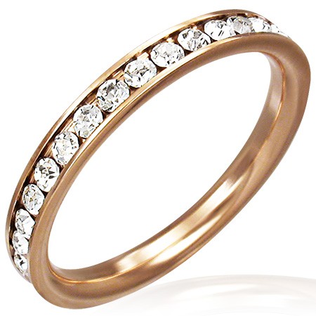 Ocelový prsten růžovozlaté barvy - čiré zirkony po obvodu - Velikost: 57
