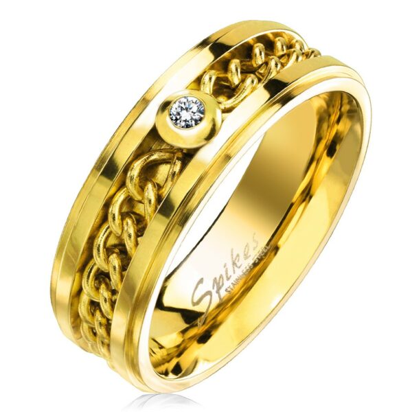 Prsten z chirurgické oceli zlaté barvy s řetízkem a čirým zirkonem