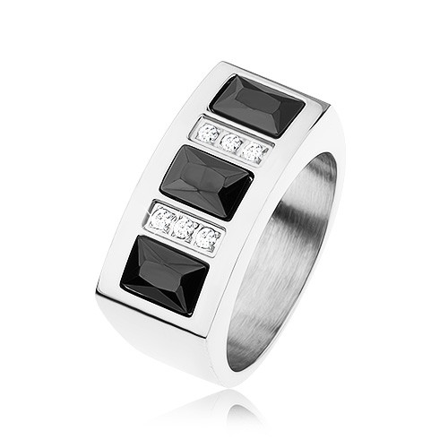 Prsten z oceli 316L vykládaný blyštivými zirkony v černé a čiré barvě - Velikost: 56