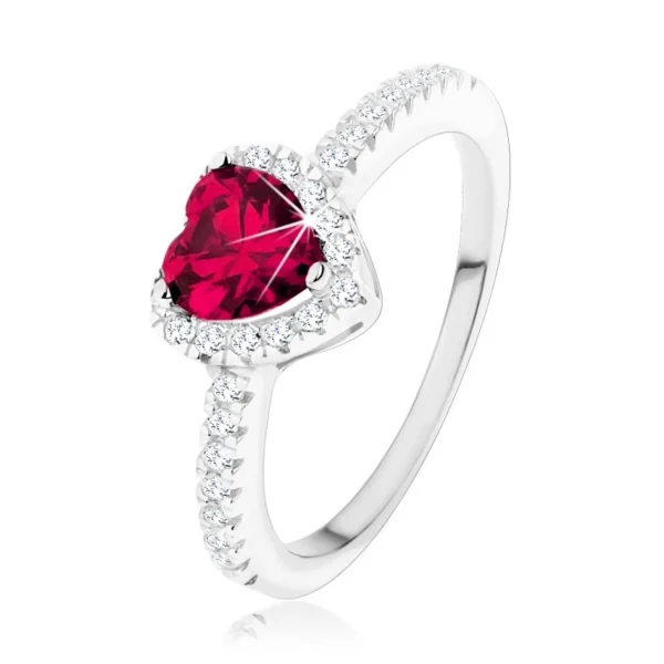 Stříbrný 925 prsten - červené srdce s čirým zirkonovým lemem - Velikost: 50
