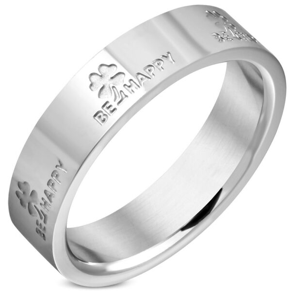 Ocelový prsten ve stříbrném odstínu - nápisy BE HAPPY a čtyřlístky