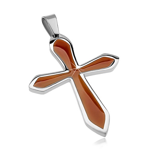 Přívěsek z chirurgické oceli ve tvaru kříže s hnědou glazurou