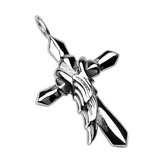 Ocelový přívěsek ve stříbrné barvě - kříž s andělským křídlem