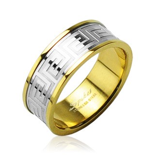 Prsten z chirurgické oceli zlaté barvy se středovým pruhem stříbrné barvy - Velikost: 68