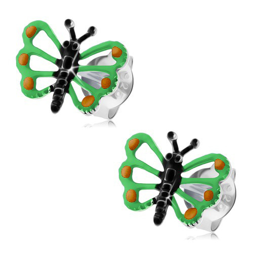 Stříbrné náušnice 925 - motýlek se zelenými křídly a výřezy