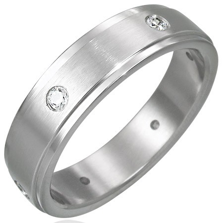 Ocelový prsten matný - 6 zirkonů po obvodu - Velikost: 48