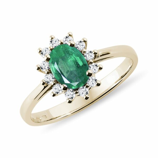 Smaragdový prsten s brilianty ve žlutém zlatě