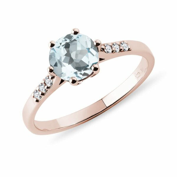 Prsten z růžového zlata s akvamarínem a diamanty