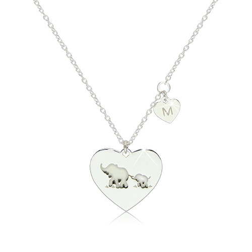 Stříbrný 925 náhrdelník - dvě lesklá symetrická srdíčka se slony a písmenem "M"