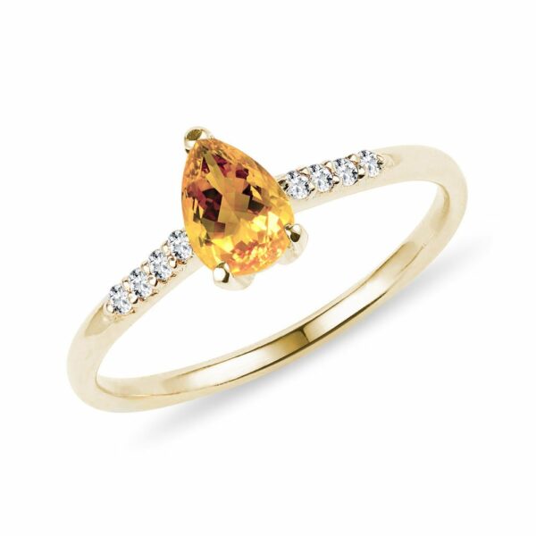 Zlatý prsten s citrínem v brusu kapka a brilianty