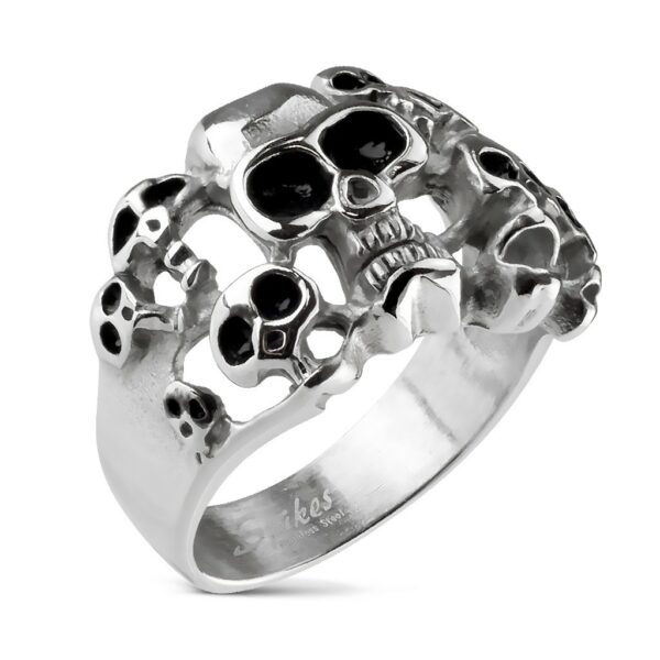Prsten stříbrné barvy z oceli 316L - deset lebek s černou glazurou - Velikost: 66