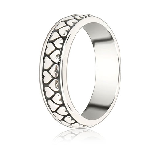 Stříbrný prsten 925 - dvě řady otočených srdíček s patinou - Velikost: 51