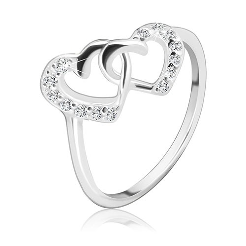 Stříbrný prsten 925 - propletená srdce vykládaná zirkony - Velikost: 49