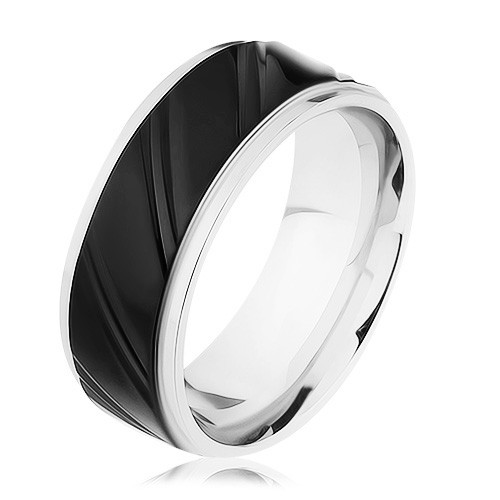 Ocelový prsten stříbrné barvy s černým pásem