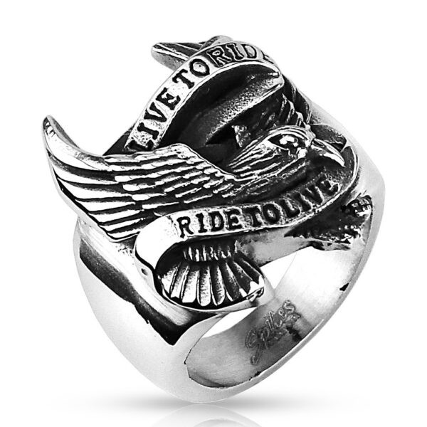 Prsten z oceli s motivem orla a nápisem - Velikost: 63